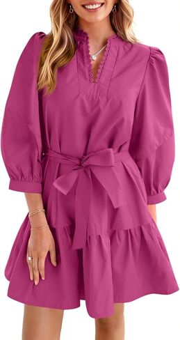 Cicy Bell Womens Puff 3/4 Sleeve Mini Dresses Bow Tie Waist V Neck Casual Trendy Ruffle Tiered Short Dress in Saudi Arabia