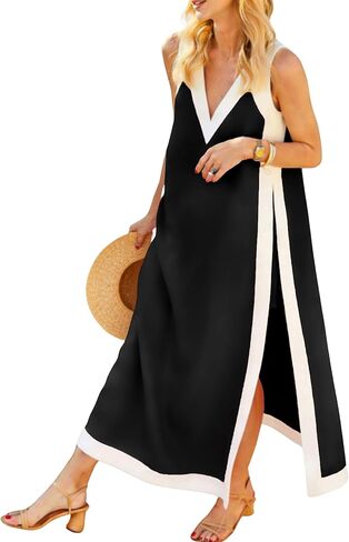 Hooever Women's 2 Piece Dress Sets Color Block Sleeveless V Neck Maxi Dress Matching Shorts with Pockets in Kuwait