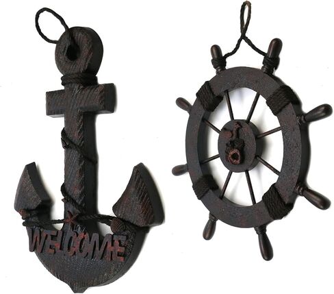 Mewutal 2 PCS 11" Wooden Ship Steering Wheel and 13" Wood Anchor Black Boat Rudder Anchor with Rope Nautical Theme Wall Decor Ornament for Home Decoration (11" Boat Wheel + 13" Anchor) in Saudi Arabia