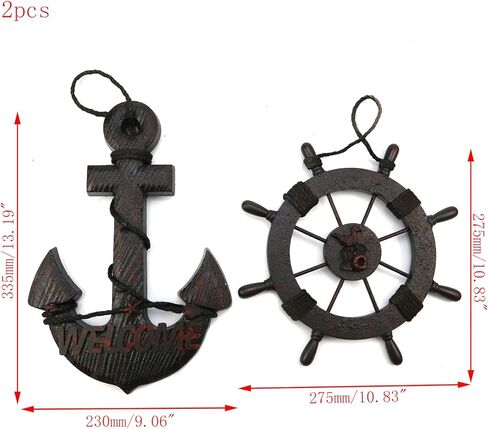 Mewutal 2 PCS 11" Wooden Ship Steering Wheel and 13" Wood Anchor Black Boat Rudder Anchor with Rope Nautical Theme Wall Decor Ornament for Home Decoration (11" Boat Wheel + 13" Anchor) in Saudi Arabia