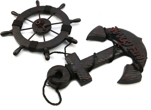 Mewutal 2 PCS 11" Wooden Ship Steering Wheel and 13" Wood Anchor Black Boat Rudder Anchor with Rope Nautical Theme Wall Decor Ornament for Home Decoration (11" Boat Wheel + 13" Anchor) in Saudi Arabia