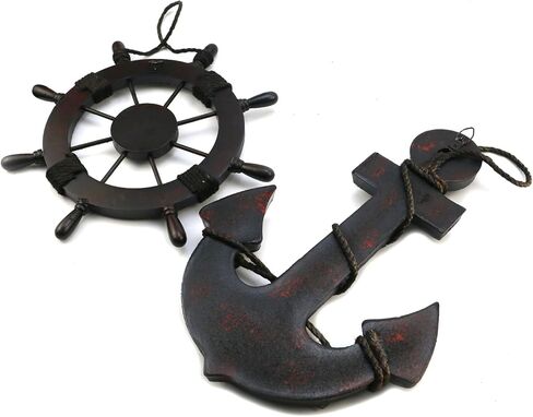 Mewutal 2 PCS 11" Wooden Ship Steering Wheel and 13" Wood Anchor Black Boat Rudder Anchor with Rope Nautical Theme Wall Decor Ornament for Home Decoration (11" Boat Wheel + 13" Anchor) in Saudi Arabia