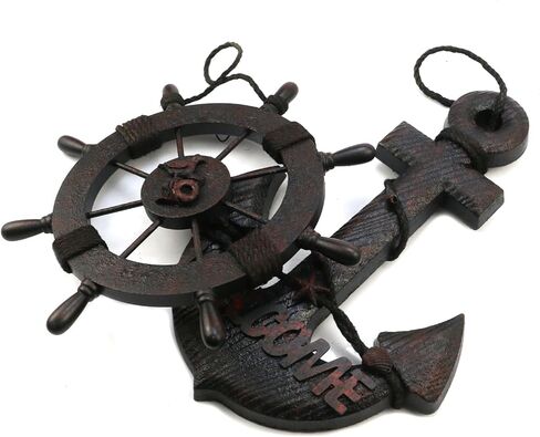 Mewutal 2 PCS 11" Wooden Ship Steering Wheel and 13" Wood Anchor Black Boat Rudder Anchor with Rope Nautical Theme Wall Decor Ornament for Home Decoration (11" Boat Wheel + 13" Anchor) in Saudi Arabia
