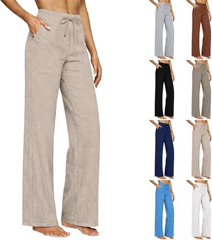 Linen Pants Women 2026 Summer Casual High Waist Straight Leg Trousers Lightweight Loose Plus Size Pant with Pockets in Kuwait