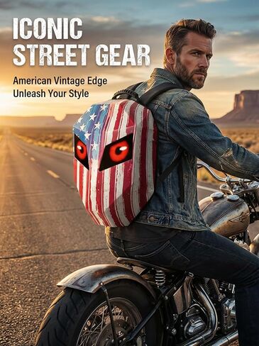 Gelrova LED Backpack for Motorcycle Bike Scooter - 25L Light Up with LED Eyes Screen, 15" Laptop Sleeve, Anti-Rain Zippers, Vintage US Flag Print, 19inch (Retro Americana) in Kuwait