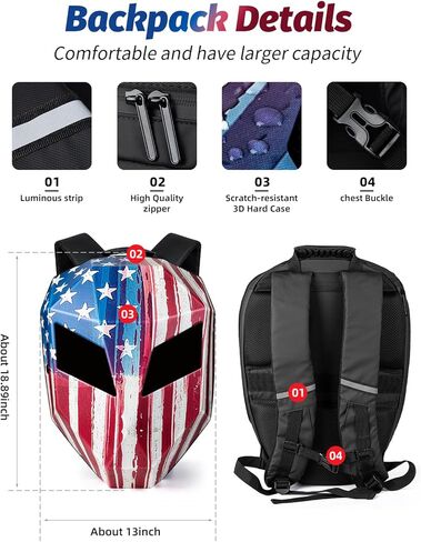 Gelrova LED Backpack for Motorcycle Bike Scooter - 25L Light Up with LED Eyes Screen, 15" Laptop Sleeve, Anti-Rain Zippers, Vintage US Flag Print, 19inch (Retro Americana) in Kuwait