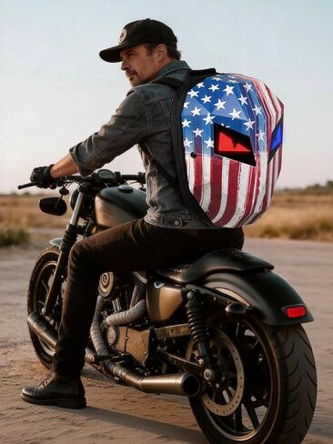 Gelrova LED Backpack for Motorcycle Bike Scooter - 25L Light Up with LED Eyes Screen, 15" Laptop Sleeve, Anti-Rain Zippers, Vintage US Flag Print, 19inch (Retro Americana) in Kuwait