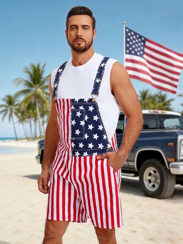 ملابس رجالي العلم الأمريكي من قماش الدنيم بأشرطة قابلة للتعديل في الرابع من يوليو، شورت مريلة رومبير in Kuwait
