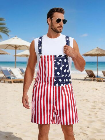 ملابس رجالي العلم الأمريكي من قماش الدنيم بأشرطة قابلة للتعديل في الرابع من يوليو، شورت مريلة رومبير in Kuwait