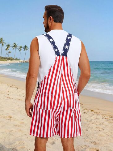 ملابس رجالي العلم الأمريكي من قماش الدنيم بأشرطة قابلة للتعديل في الرابع من يوليو، شورت مريلة رومبير in Kuwait
