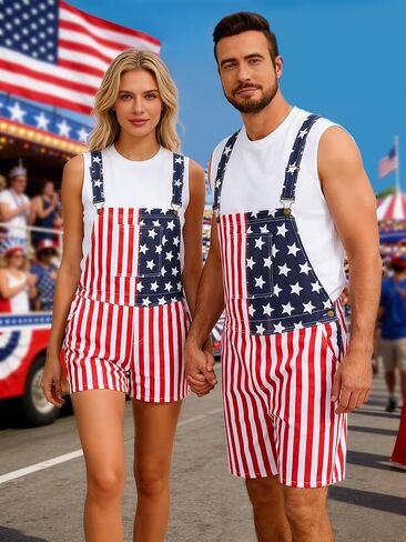 ملابس رجالي العلم الأمريكي من قماش الدنيم بأشرطة قابلة للتعديل في الرابع من يوليو، شورت مريلة رومبير in Kuwait
