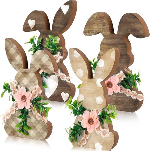 4 Pcs Easter Bunny Wooden Decor with Flowers, Rustic Bunny Table Signs, Spring Farmhouse Rabbit Wood Tabletop for Easter Spring Party Home Kitchen Table Mantel Decor in Saudi Arabia