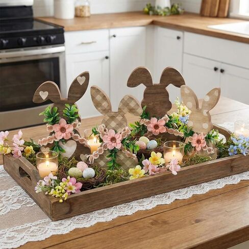 4 Pcs Easter Bunny Wooden Decor with Flowers, Rustic Bunny Table Signs, Spring Farmhouse Rabbit Wood Tabletop for Easter Spring Party Home Kitchen Table Mantel Decor in Saudi Arabia