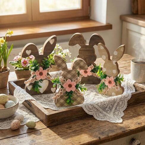 4 Pcs Easter Bunny Wooden Decor with Flowers, Rustic Bunny Table Signs, Spring Farmhouse Rabbit Wood Tabletop for Easter Spring Party Home Kitchen Table Mantel Decor in Saudi Arabia