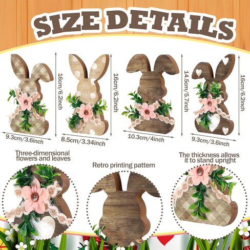 4 Pcs Easter Bunny Wooden Decor with Flowers, Rustic Bunny Table Signs, Spring Farmhouse Rabbit Wood Tabletop for Easter Spring Party Home Kitchen Table Mantel Decor in Saudi Arabia