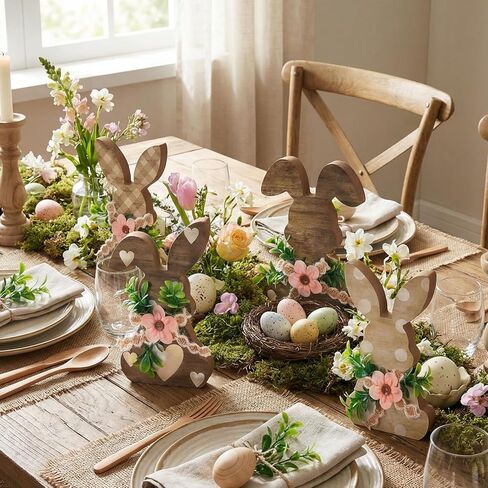 4 Pcs Easter Bunny Wooden Decor with Flowers, Rustic Bunny Table Signs, Spring Farmhouse Rabbit Wood Tabletop for Easter Spring Party Home Kitchen Table Mantel Decor in Saudi Arabia