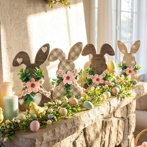 4 Pcs Easter Bunny Wooden Decor with Flowers, Rustic Bunny Table Signs, Spring Farmhouse Rabbit Wood Tabletop for Easter Spring Party Home Kitchen Table Mantel Decor in Saudi Arabia