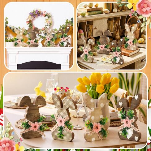 4 Pcs Easter Bunny Wooden Decor with Flowers, Rustic Bunny Table Signs, Spring Farmhouse Rabbit Wood Tabletop for Easter Spring Party Home Kitchen Table Mantel Decor in Saudi Arabia