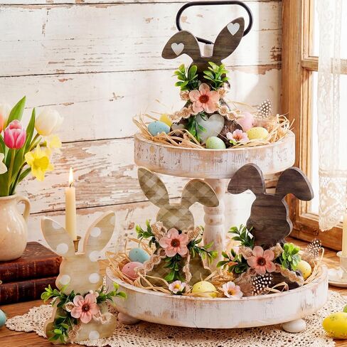 4 Pcs Easter Bunny Wooden Decor with Flowers, Rustic Bunny Table Signs, Spring Farmhouse Rabbit Wood Tabletop for Easter Spring Party Home Kitchen Table Mantel Decor in Saudi Arabia