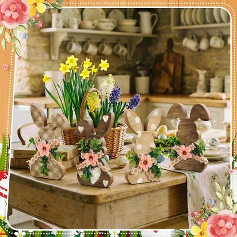 4 Pcs Easter Bunny Wooden Decor with Flowers, Rustic Bunny Table Signs, Spring Farmhouse Rabbit Wood Tabletop for Easter Spring Party Home Kitchen Table Mantel Decor in Saudi Arabia