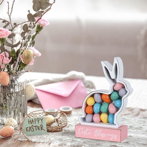 زينة عيد الفصح، أرنب MEETYAMOR مع البيض، كتلة خشبية لبيت المزرعة، ديكور عيد الفصح، علامة بركات على شكل أرنب ديكورات داخلية للمنزل، وغرفة المعيشة، والطاولات، والرف in Kuwait