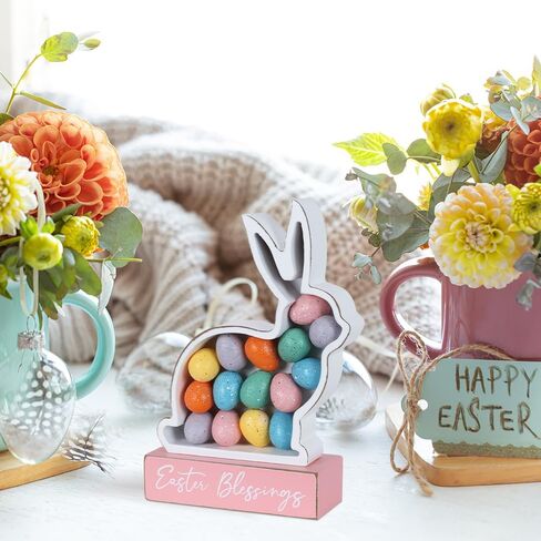 زينة عيد الفصح، أرنب MEETYAMOR مع البيض، كتلة خشبية لبيت المزرعة، ديكور عيد الفصح، علامة بركات على شكل أرنب ديكورات داخلية للمنزل، وغرفة المعيشة، والطاولات، والرف in Kuwait