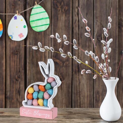 زينة عيد الفصح، أرنب MEETYAMOR مع البيض، كتلة خشبية لبيت المزرعة، ديكور عيد الفصح، علامة بركات على شكل أرنب ديكورات داخلية للمنزل، وغرفة المعيشة، والطاولات، والرف in Kuwait