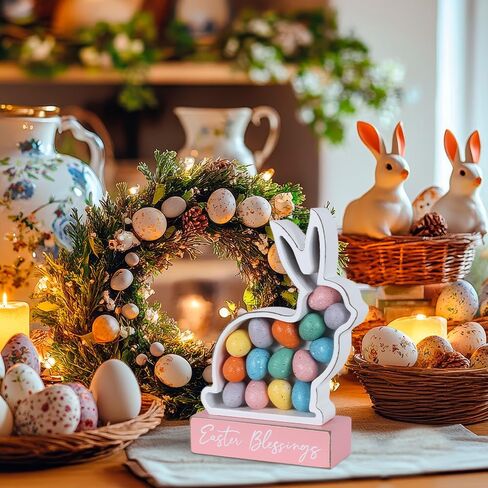 زينة عيد الفصح، أرنب MEETYAMOR مع البيض، كتلة خشبية لبيت المزرعة، ديكور عيد الفصح، علامة بركات على شكل أرنب ديكورات داخلية للمنزل، وغرفة المعيشة، والطاولات، والرف in Kuwait