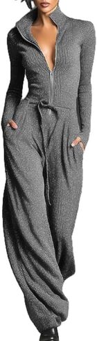 Molilove Womens Long Sleeve Jumpsuit Zipper Jacket Baggy Pants Outfits Casual Fall Overall Cargo Jumpsuit Going Out Outfits in Kuwait