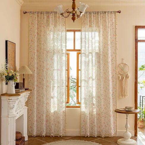 MYSKY HOME Pink Floral Boho Linen Farmhouse Spring Curtains 84 Inches Long 2 Panels Set Rustic Pattern Semi Sheer Drapes with Tassels Back Tab for Living Room Girls Bedroom Nursery, 50" Wide in Kuwait