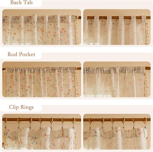 MYSKY HOME Pink Floral Boho Linen Farmhouse Spring Curtains 84 Inches Long 2 Panels Set Rustic Pattern Semi Sheer Drapes with Tassels Back Tab for Living Room Girls Bedroom Nursery, 50" Wide in Kuwait