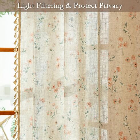 MYSKY HOME Pink Floral Boho Linen Farmhouse Spring Curtains 84 Inches Long 2 Panels Set Rustic Pattern Semi Sheer Drapes with Tassels Back Tab for Living Room Girls Bedroom Nursery, 50" Wide in Kuwait