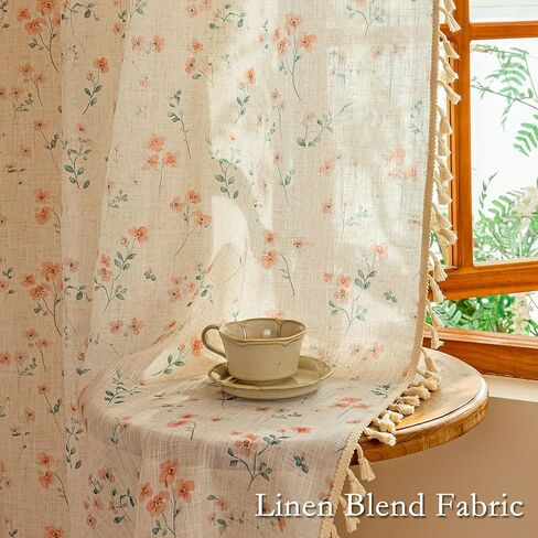 MYSKY HOME Pink Floral Boho Linen Farmhouse Spring Curtains 84 Inches Long 2 Panels Set Rustic Pattern Semi Sheer Drapes with Tassels Back Tab for Living Room Girls Bedroom Nursery, 50" Wide in Kuwait