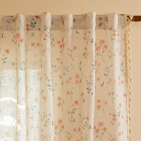 MYSKY HOME Pink Floral Boho Linen Farmhouse Spring Curtains 84 Inches Long 2 Panels Set Rustic Pattern Semi Sheer Drapes with Tassels Back Tab for Living Room Girls Bedroom Nursery, 50" Wide in Kuwait