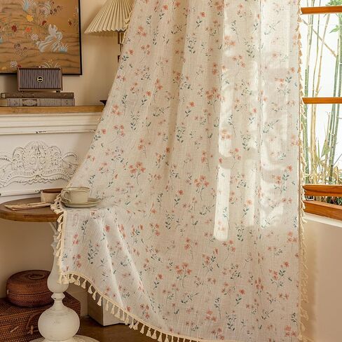 MYSKY HOME Pink Floral Boho Linen Farmhouse Spring Curtains 84 Inches Long 2 Panels Set Rustic Pattern Semi Sheer Drapes with Tassels Back Tab for Living Room Girls Bedroom Nursery, 50" Wide in Kuwait