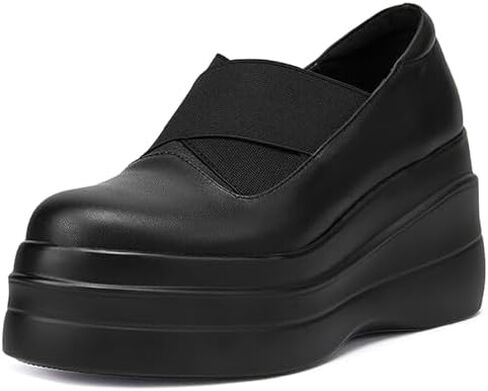 Women's Leather Platform Wedge Loafers Elastic Slip On Lightweight Non-Slip High Heele Walking Shoes Comfortable Casual Work Dress Loafers in Saudi Arabia