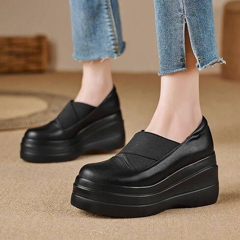 Women's Leather Platform Wedge Loafers Elastic Slip On Lightweight Non-Slip High Heele Walking Shoes Comfortable Casual Work Dress Loafers in Saudi Arabia