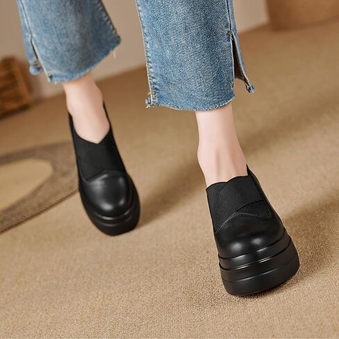 Women's Leather Platform Wedge Loafers Elastic Slip On Lightweight Non-Slip High Heele Walking Shoes Comfortable Casual Work Dress Loafers in Saudi Arabia