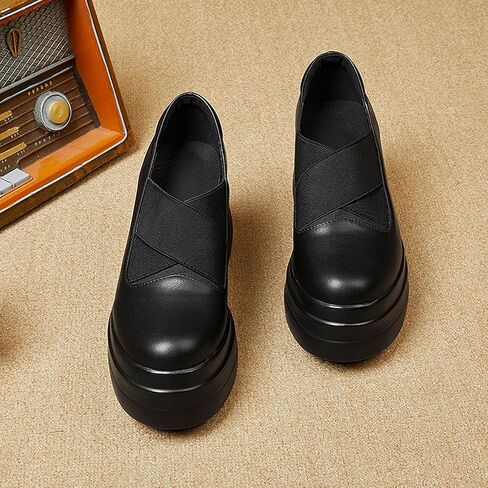 Women's Leather Platform Wedge Loafers Elastic Slip On Lightweight Non-Slip High Heele Walking Shoes Comfortable Casual Work Dress Loafers in Saudi Arabia