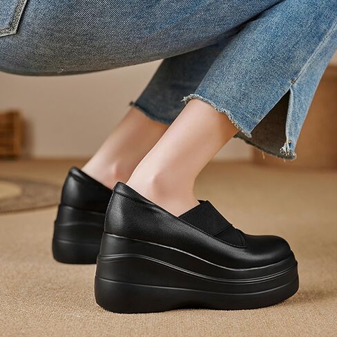 Women's Leather Platform Wedge Loafers Elastic Slip On Lightweight Non-Slip High Heele Walking Shoes Comfortable Casual Work Dress Loafers in Saudi Arabia