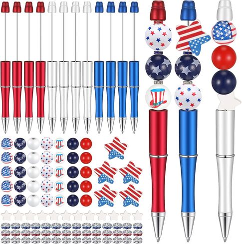 Geyee 12 Set American Flag Beadable Pens Independence Day Bead Pens 4th of July Wood Beads Set Patriotic Plastic Bead Pen Kit DIY Star Stripes Ballpoint Pen for Veterans Gifts School Office(Classic) in Saudi Arabia