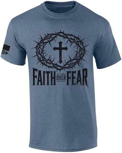 Trenz Shirt Company Mens Christian Tshirt Faith Over Fear Cross with Crown of Thorns Jesus Short Sleeve T-Shirt in Saudi Arabia