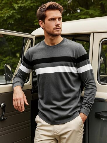 Men's Slim-Fit Long-Sleeve Crew Neck T-Shirt Color Block Stripes Lightweight Breathable Fabric for Casual in Saudi Arabia