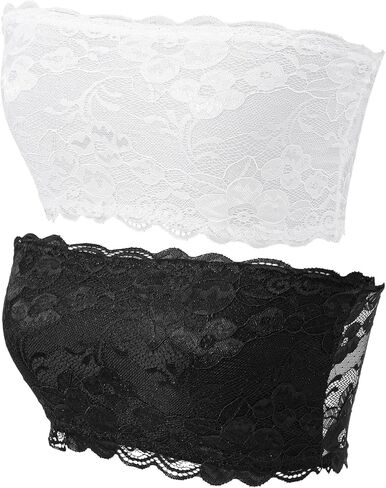 2 Pcs Lace Tube Top Bra, Strapless Lace Bandeau Bra, Stretch Strapless Bralette, Cleavage Cover Up for Low Neckline, Modesty Panel Cleavage Cover for Women (White, Black) in Saudi Arabia