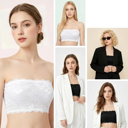 2 Pcs Lace Tube Top Bra, Strapless Lace Bandeau Bra, Stretch Strapless Bralette, Cleavage Cover Up for Low Neckline, Modesty Panel Cleavage Cover for Women (White, Black) in Saudi Arabia
