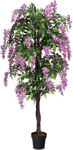 Artificial Wisteria Tree 6ft, Purple Red Wisteria w/Pot, Flowers, 2 Trunks, 1260 Leaves, Tall Artificial Trees Potted Plants for Outdoors, Home, Office, Garden, Living Room in Kuwait