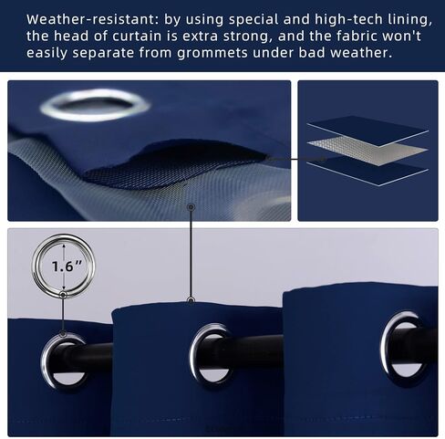 DIVA EN CAMINO DEC Outdoor Patio Curtain Waterproof Darkening Thermal Insulated Indoor Curtains for Bedroom, Porch, Living Room, Pergola, Cabana, W52 x L63, Navy, Set of 2 Panels in Kuwait