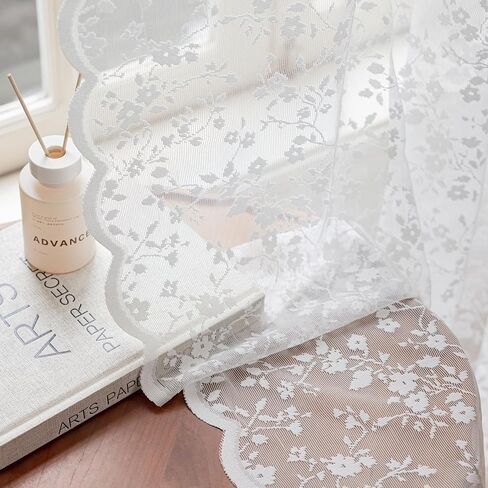 Anmao ستائر دانتيل شفافة بطول 84 بوصة - لوحات فوال رومانسية شبه شفافة على شكل زهور لغرفة المعيشة وغرفة النوم، ستائر تصفية للضوء بجيب قضيب، مجموعة من لوحتين (52 بوصة عرض × 84 بوصة طول)، أبيض in Kuwait