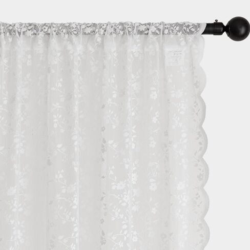 Anmao ستائر دانتيل شفافة بطول 84 بوصة - لوحات فوال رومانسية شبه شفافة على شكل زهور لغرفة المعيشة وغرفة النوم، ستائر تصفية للضوء بجيب قضيب، مجموعة من لوحتين (52 بوصة عرض × 84 بوصة طول)، أبيض in Kuwait