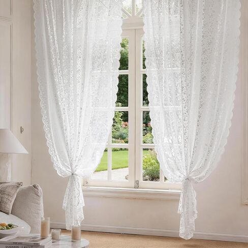 Anmao ستائر دانتيل شفافة بطول 84 بوصة - لوحات فوال رومانسية شبه شفافة على شكل زهور لغرفة المعيشة وغرفة النوم، ستائر تصفية للضوء بجيب قضيب، مجموعة من لوحتين (52 بوصة عرض × 84 بوصة طول)، أبيض in Kuwait